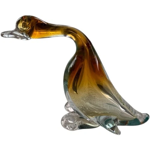 Vintage Art Glass Bird  Duck Figurine Murano-Style Amber Clear Italian Design