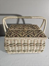 Vintage Wicker Sewing Basket Box Woven Floral Tapestry Padded Lid Made in Taiwan