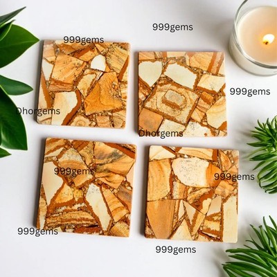 Picture Jasper 4 Inches Square Coaster Gemstone Housewarming Gift 2 Pcs Set