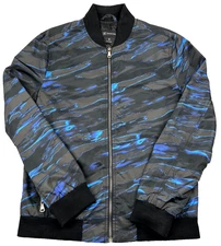 AOP I.N.C. Bomber Jacket Mens Small Black Blue Tiger Stripe Camo Abstract