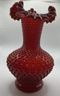 Vintage Fenton  Ruby Red Hobnail Art Glass Vase Ruffled Edge Stunning