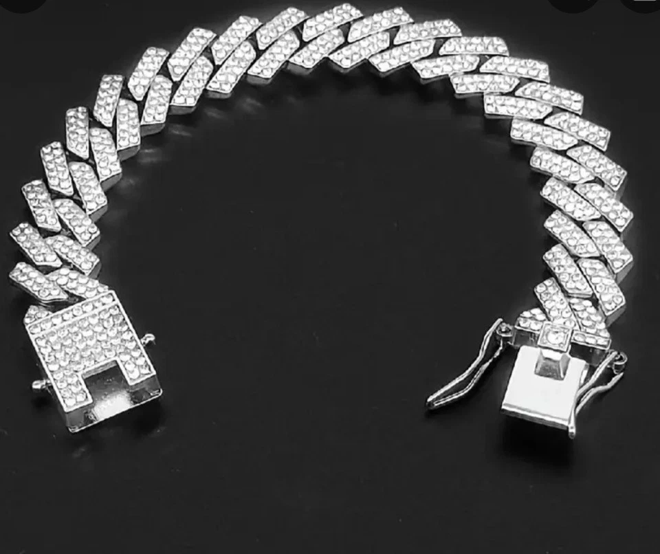 Brazalete Cadena Cubana Chapado en Oro Blanco 18k 8" 12mm Pavé Swarovski Creado en Laboratorio Foto 3 de 3