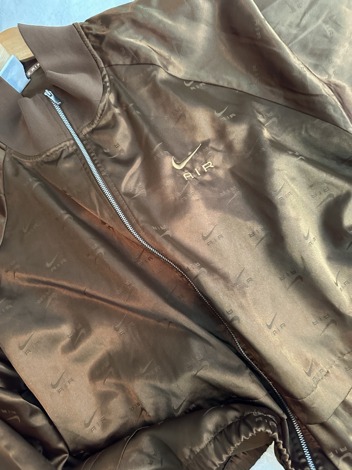 Nike Air Women’s Satin Jacquard Bomber Jacket – Brown Bronze – Size 2X image 10