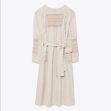 Tory Burch Linen Embroidered Belted Midi Dress Size Small