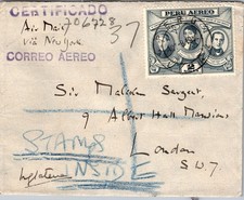 1952 Peru Certified Airmail Cover to London England Via New York NY USA