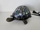 Vintage Tiffany Style Blue Stained Glass & Brass Turtle Lamp Works