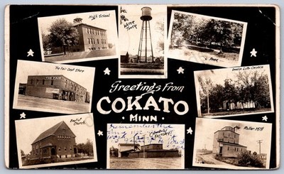 K39/ Cokato Minnesota RPPC Postcard c1910 8View Store Mill Factory 450