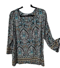 J M Tunic top size 2X longsleeve lightweight Brown&turquoise flower/leaf pattern