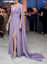 Lavender Formal Evening gown with Shoulder Train  High Slit.