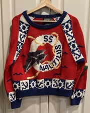 Vintage 1988 Berek Nautical Sweater w/ Dolphins - Small - Red - 100 Pima Cotton