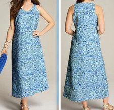 J Jilll Love Linen Sleeveless V-Neck Maxi Dress Sz 2X - Blue Floral Print Shift