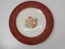 Vtg Homer Laughlin Maroon Floral 11" Dinner Plate Red/Gold 22 Carat, small chip