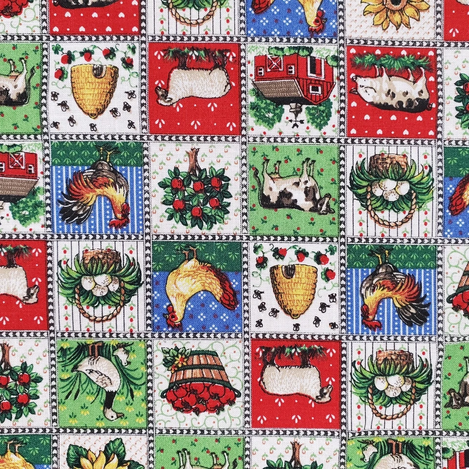 Joan Kessler Concord Fabric Farm Cow Chicken Green Red Blue 1 Yard - Image 3 of 4