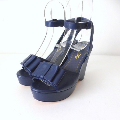 ALANNAH HILL Women's Shoes WORN ONCE Size 38.5 Navy Blue Leather Platform Wedge - Picture 2 of 11