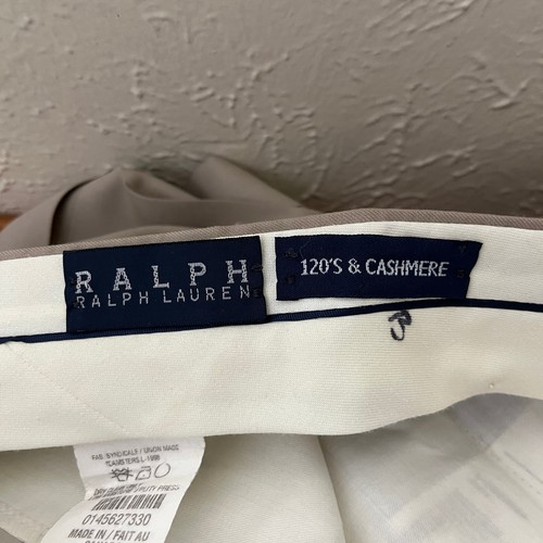 Ralph Ralph Lauren Pants Mens 38x32 Beige 120s & Cashmere Pleated Cuffed - Picture 3 of 17