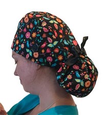 Flowers Medical Hat, Ponytail, Scrub Cap, Nurse Bonnet SATIN LINED