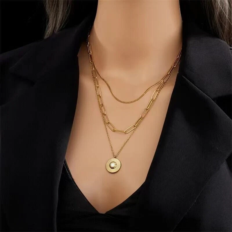 Woman 18K Gold Plated Triple Layers Round Charm Paper Clip Chain Necklace - Image 2 of 4
