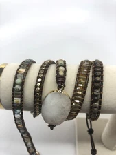 Wrap bracelet Mixed Stone glass beads brown leather oval stone Boho 38" Unsigned