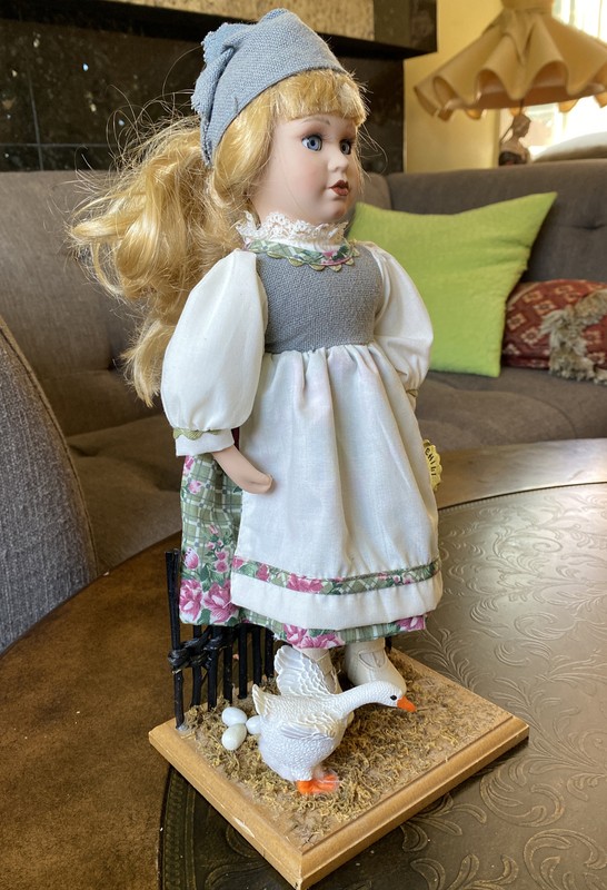 VINTAGE PORCELAIN GIRL DOLL 16 INCH KOLLEKTION CHILI CREATION W/ GOOSE & 3 EGGS