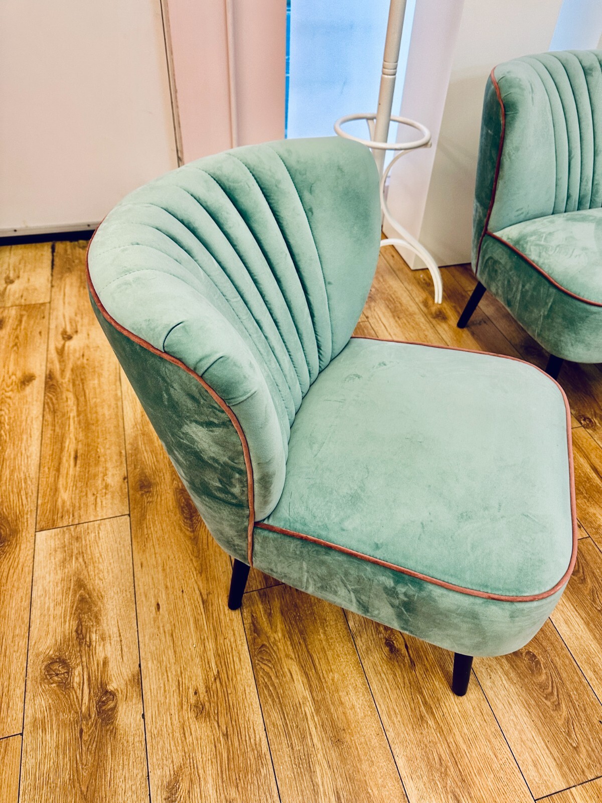 Lula Velvet Mint Green Sofa with 2 chairs and stools Used in excellent