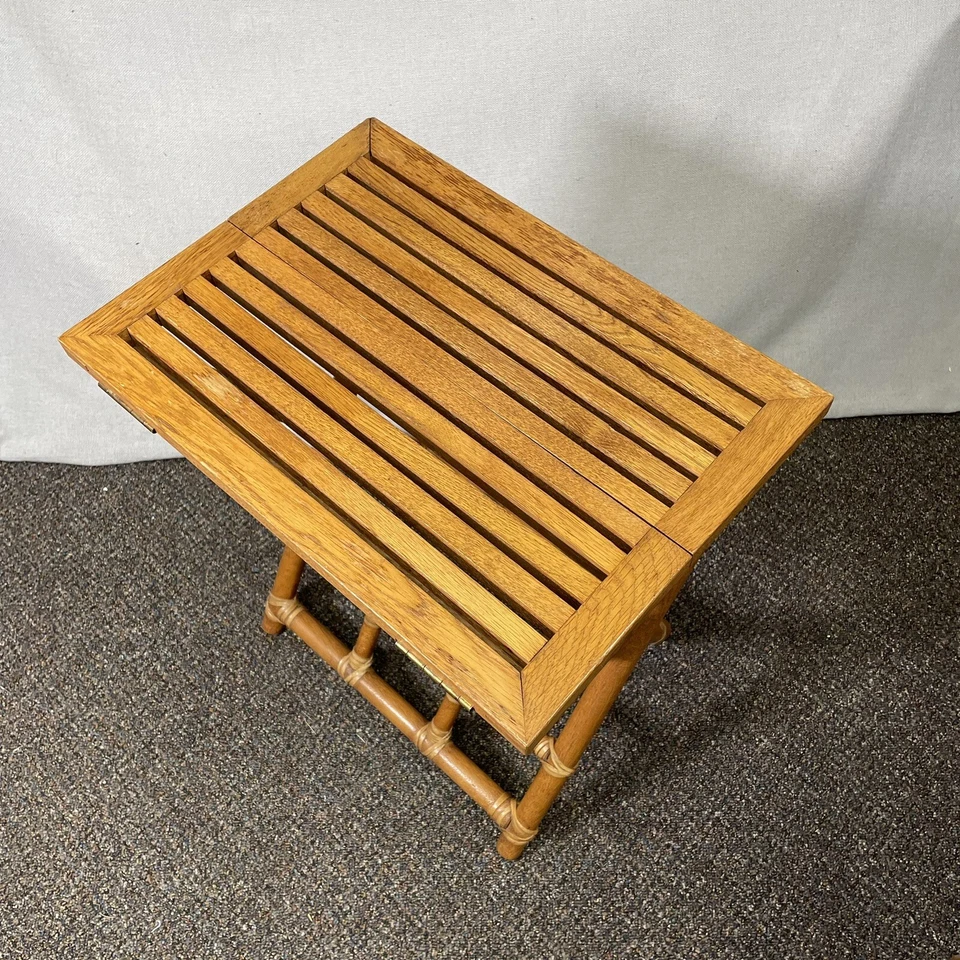 VINTAGE McGuire Rattan Oak Campaign Folding Drink Side Table Pinch Finger Bamboo - Image 3 of 4
