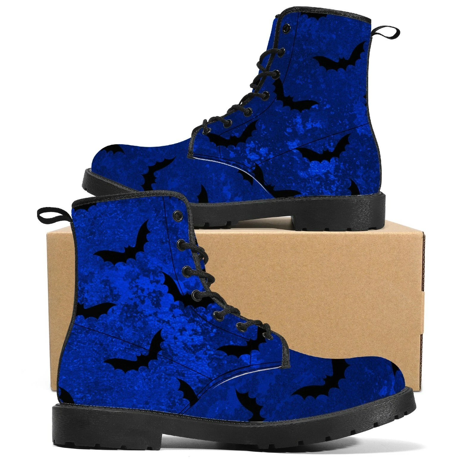 Gothic Royal Blue Bat Canvas Boots for Winter and Halloween