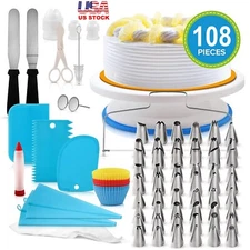 108Pcs Cake Decorating Supplies Tool Kit DIY Baking Cupcake Turntable Stand Pen