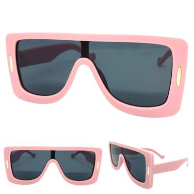 OVERSIZED Exaggerated Modern Retro Shield SUN GLASSES Large Pink Frame Dark Lens