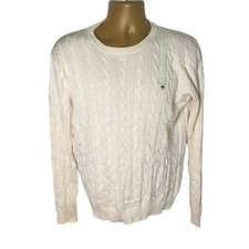GANT Cotton Cable Knit Crew Neck Sweater in Cream M