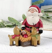 Blossom Bucket Small Santa Claus Figurine with Baby Jesus and Reindeer