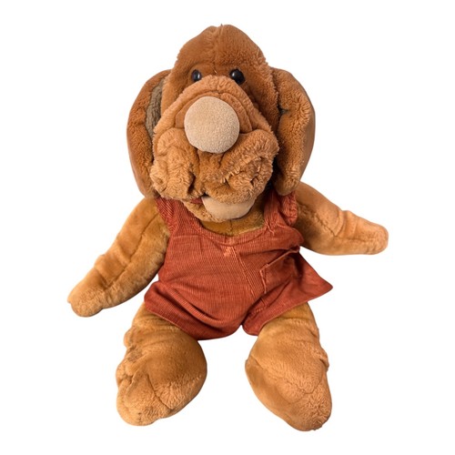 Vintage Falten Plüschpuppe Hund von Ganz - hellbraun mit rotem Cord Overall