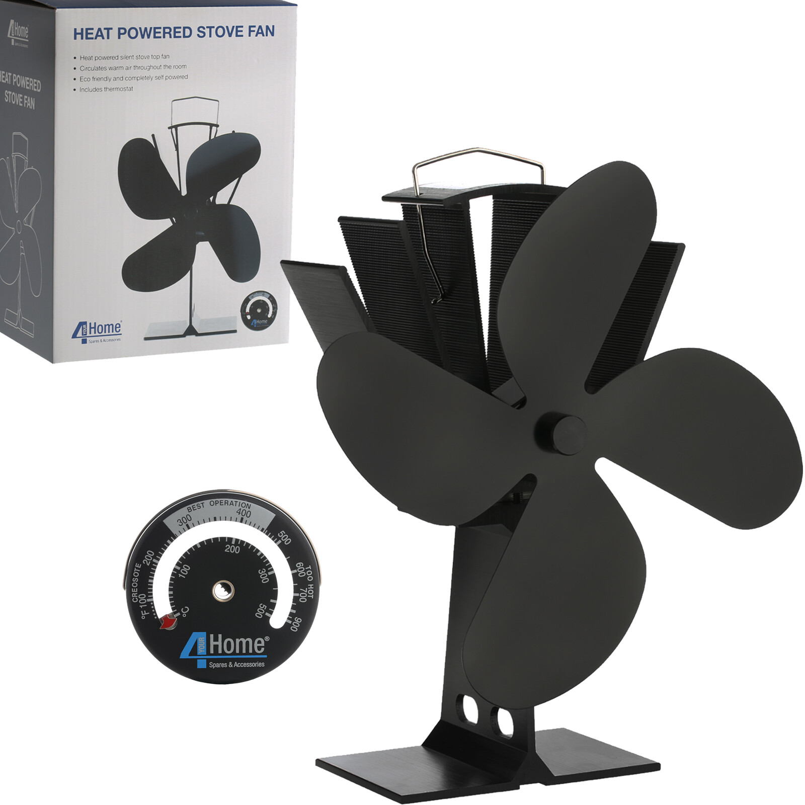 Black Eco Friendly Heat Powered Stove Fan Log Burner Mini Top Fan +  Thermostat | eBay