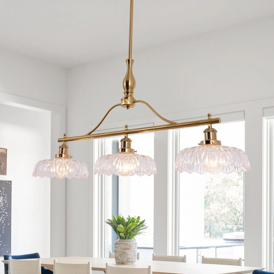 Candelabro de vidro 3 luzes meados do século lâmpada pingente bronze ouro iluminação de teto - Imagem 2 de 4