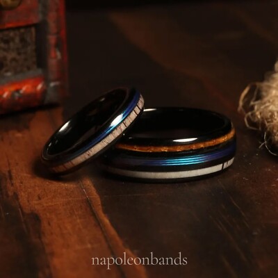 Deer Antler, Whiskey Barrel, & Fishing Line Couple Wedding Bands, Ring Set
