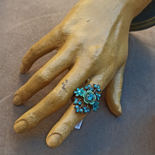 Michal Negrin Ring Turquoise Rose Floral Retro Aqua Crystals Christmas Gift Box - Picture 4 of 12