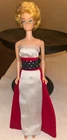 Vintage Barbie Elegant Silver Sheath Evening Gown & Red Velvet Over Skirt Maxi
