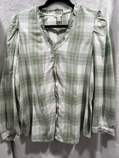 Cato Women's Green Plaid Ruffled Neck V-Neck Blouse, Size L