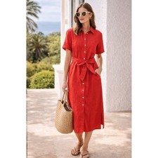 Boden Red Linen Shirt Dress Belted Midi Sz 8 Vacation Resort Minimalist Causal