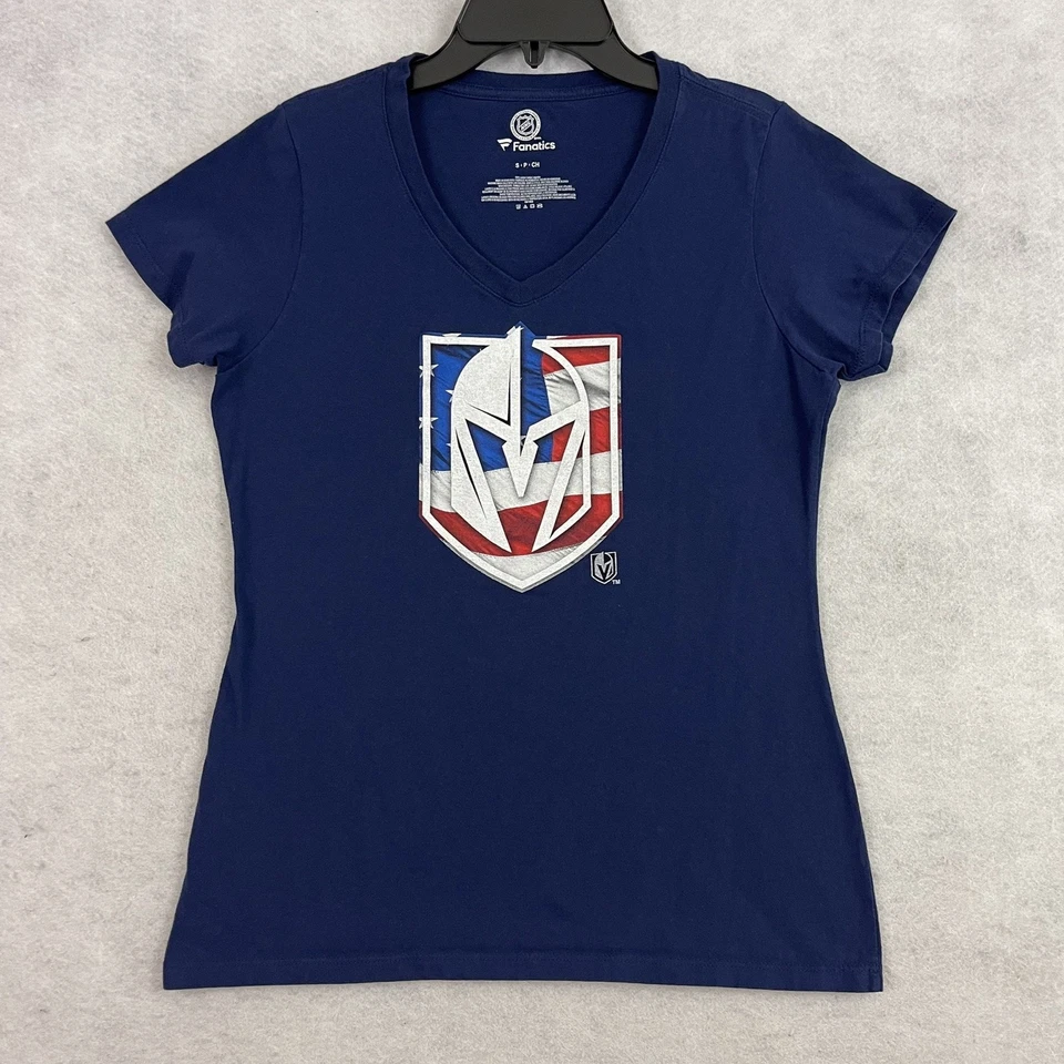 Camiseta Vegas Golden Knights Logo Mujer Pequeña Azul Marino Cuello en V Estandarte Onda Foto 3 de 4