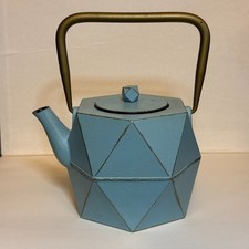 Japanese Tetsubin Cast Iron Blue Diamond Geometric Tea Kettle Stovetop w Infuser