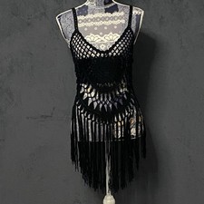 Beach Swimsuit Cover Up Womens One Size Black Stretch Crochet Fringe Hem Tank