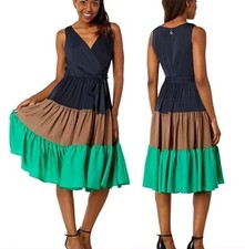 NWT Tommy Hilfiger Charmeuse Color-Block Dress Size 6 Navy Brown Green