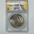 1922 Peace Silver Dollar VAM-2F Hair Pin ANACS MS63 US Coin
