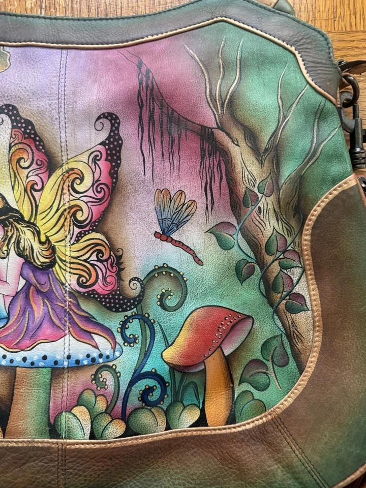 Anuschka Fairy Mushrooms Crossbody Leather Hand Painted Bag Purse Convertible - Image 4 of 4