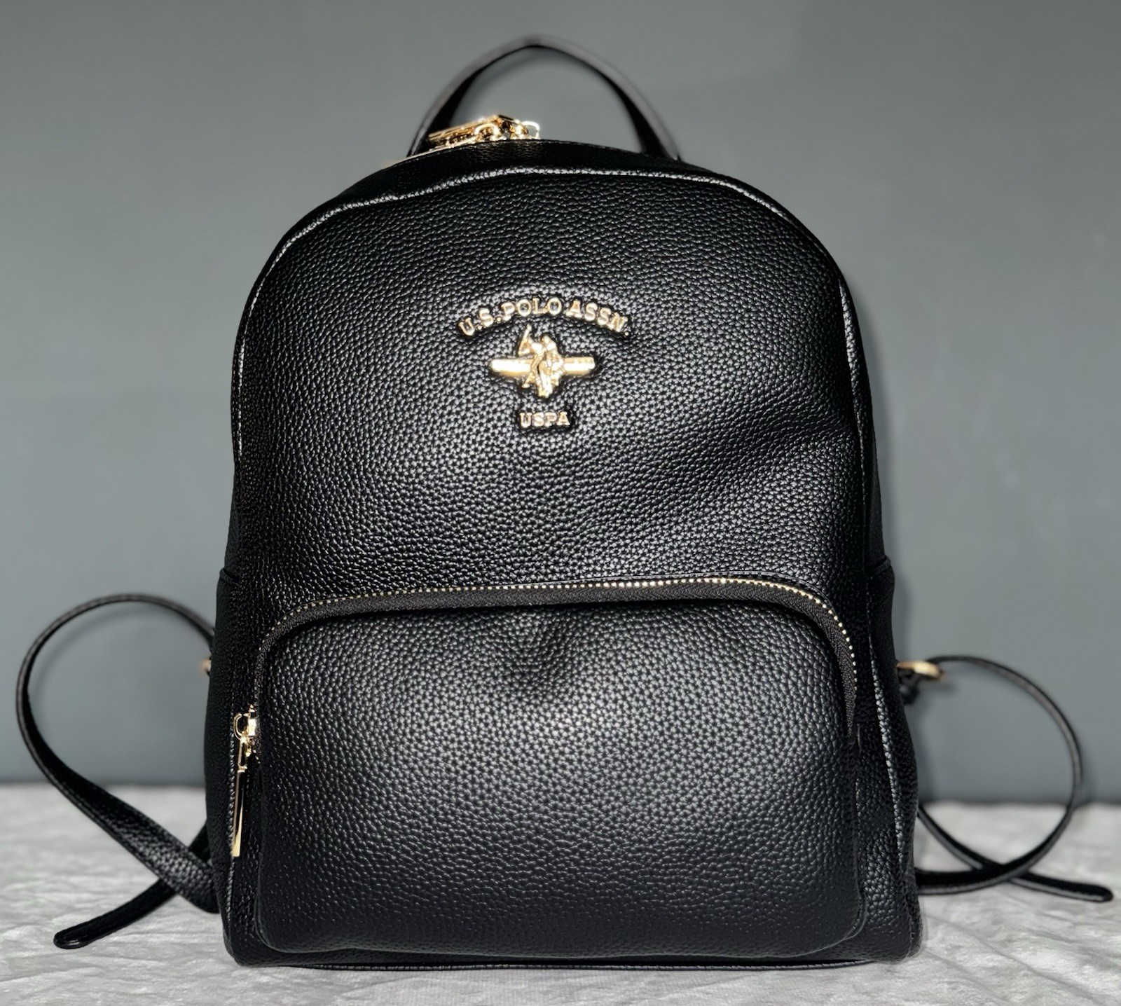 U.S. Polo Assn. Black Jones/Stanford Mini Backpack Gold Hardware Faux Leather .