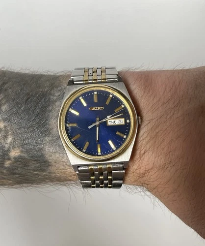 Mens Vintage Seiko V743-9020 Two Tone Gold Steel Bracelet 35mm Quartz Watch