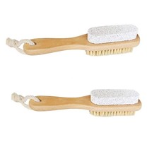 2Pcs Wood Foot Natural Bristle Brush And Pumice Stone Combo W/Rope Wooden Han...
