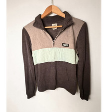PINK Women's Sweatshirt S 1/4 Zip Colorblock Gray Mint Fleece Logo Long Sleeve