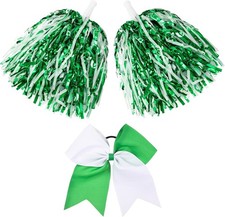Hanaive 3 Pcs Cheerleading Pom Poms and Large Cheerleader Hair Bow Foil Green