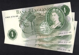 GB QEII 1970 PAGE B322 £1 ONE POUND BANKNOTES 3x CONSECUTIVE NOTES